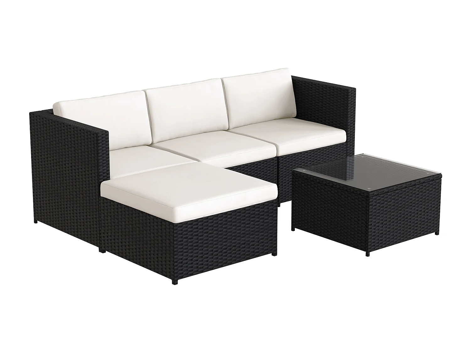 Meubles de jardin décontractés, canapé d'angle, ensemble de canapé avec coussins et coussins, avec table en verre, noir