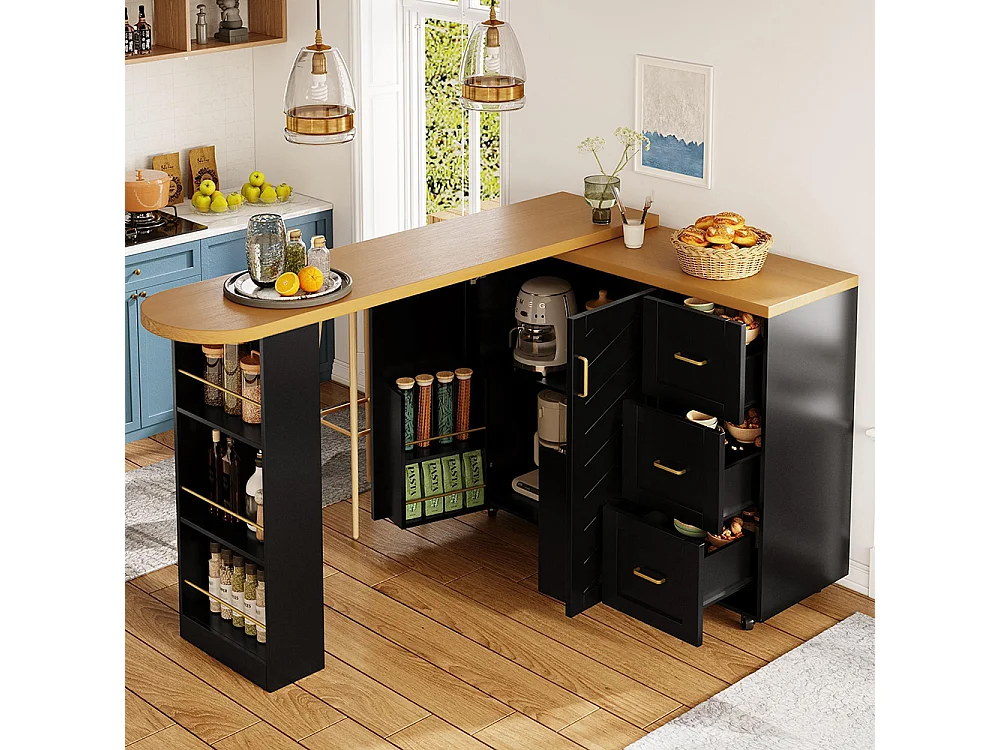 Ausziehbarer Barwagen mit 2 Türen und 3 Schubladen, rollbar, Außenplatte aus Holz, schwarz
