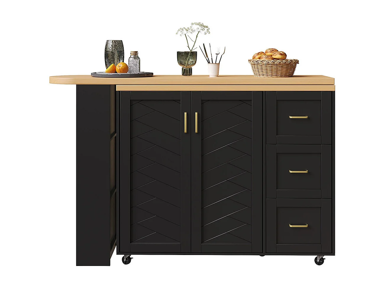 Ausziehbarer Barwagen mit 2 Türen und 3 Schubladen, rollbar, Außenplatte aus Holz, schwarz