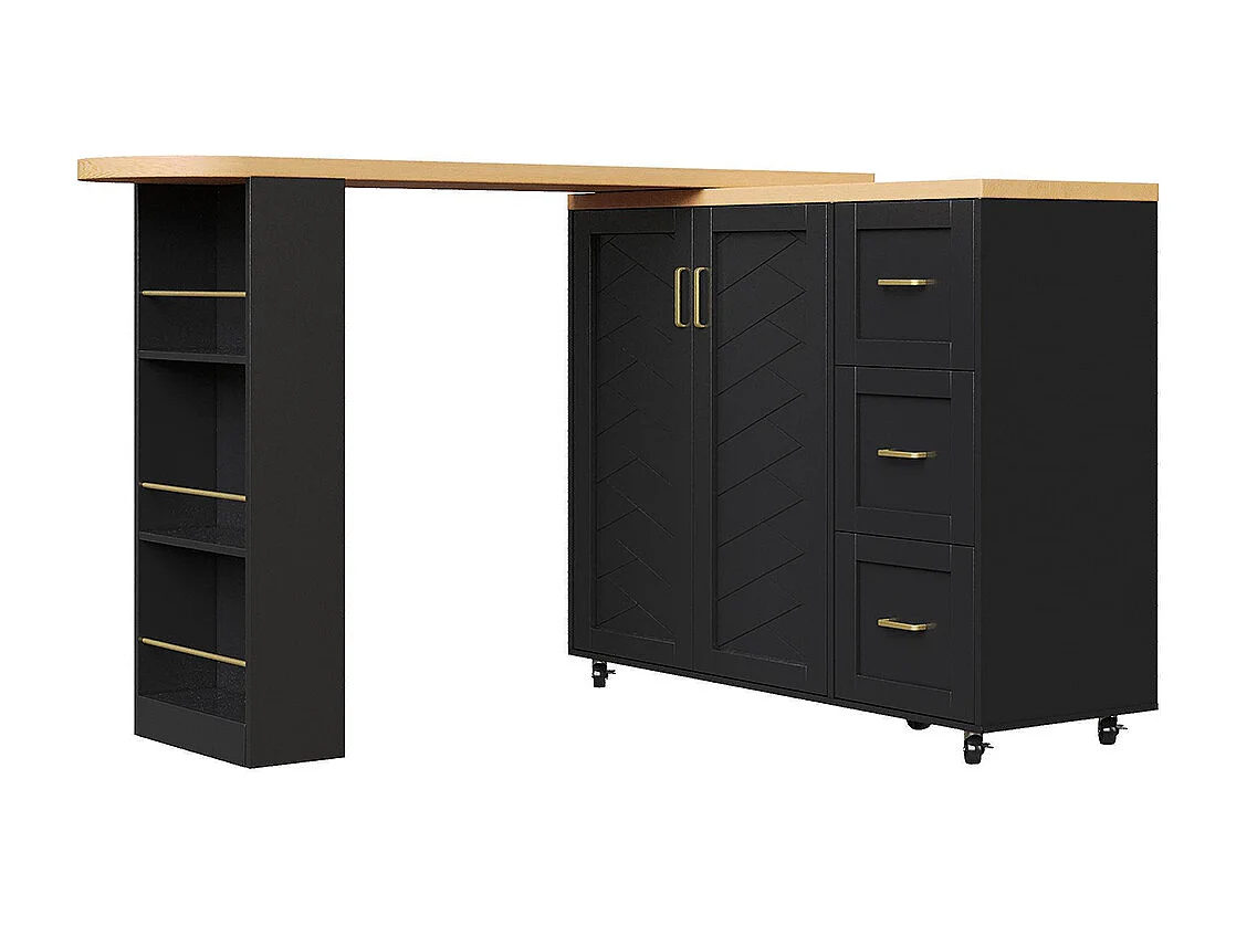 Ausziehbarer Barwagen mit 2 Türen und 3 Schubladen, rollbar, Außenplatte aus Holz, schwarz