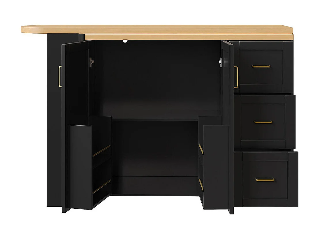 Ausziehbarer Barwagen mit 2 Türen und 3 Schubladen, rollbar, Außenplatte aus Holz, schwarz