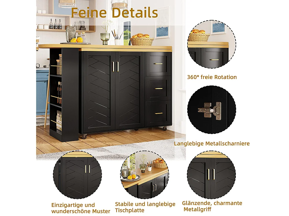 Ausziehbarer Barwagen mit 2 Türen und 3 Schubladen, rollbar, Außenplatte aus Holz, schwarz