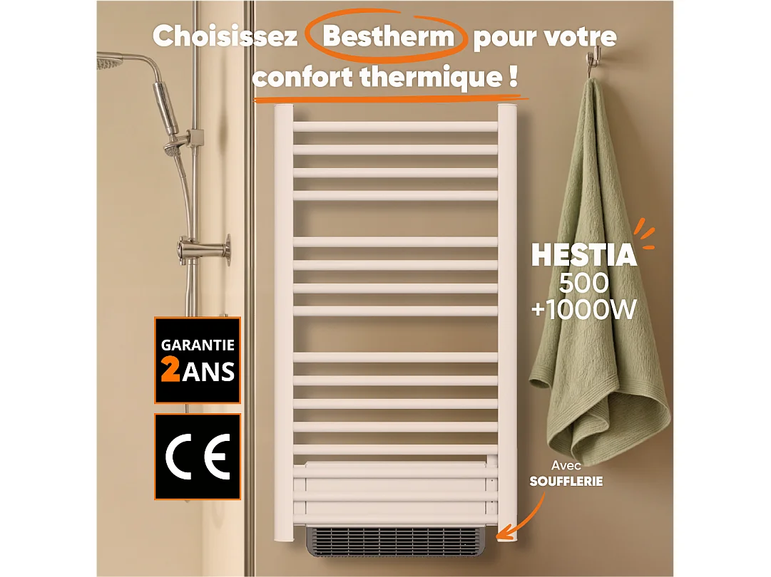 Sèche-serviette électrique sans fluide avec soufflerie 500W+1000W H.100,5xL54cm Bestherm HESTIA blanc