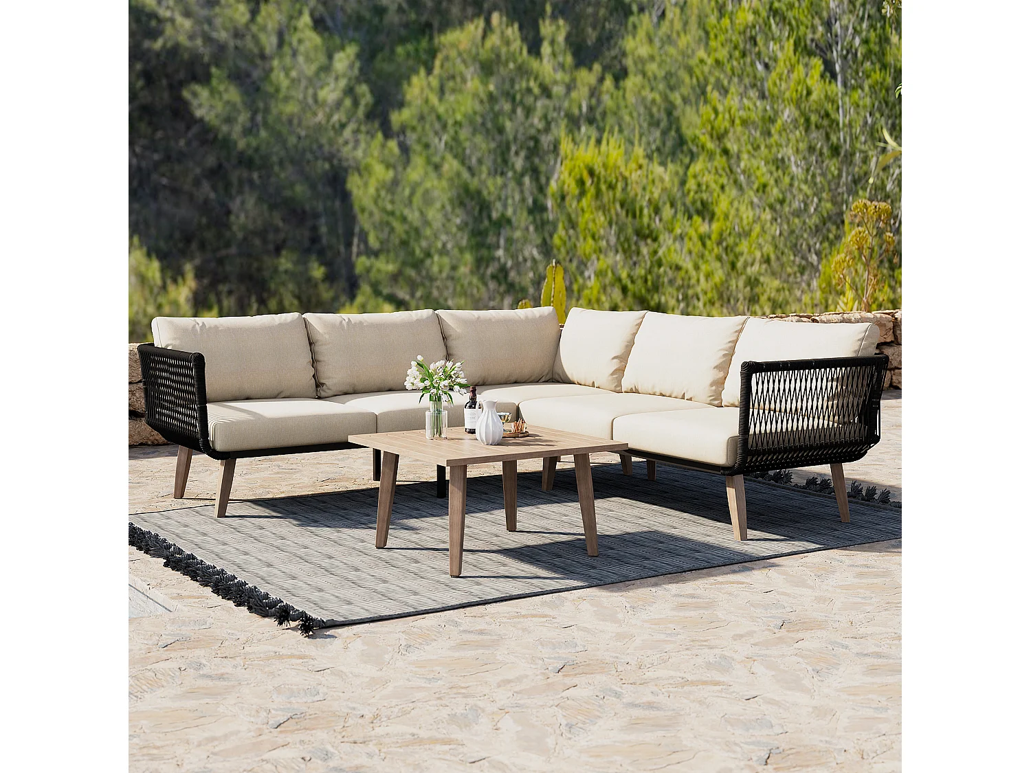 Gartenmöbelset, Sofa + Couchtisch, Tischplatte in Holzoptik, geflochtene Seilverzierung, beige + schwarz