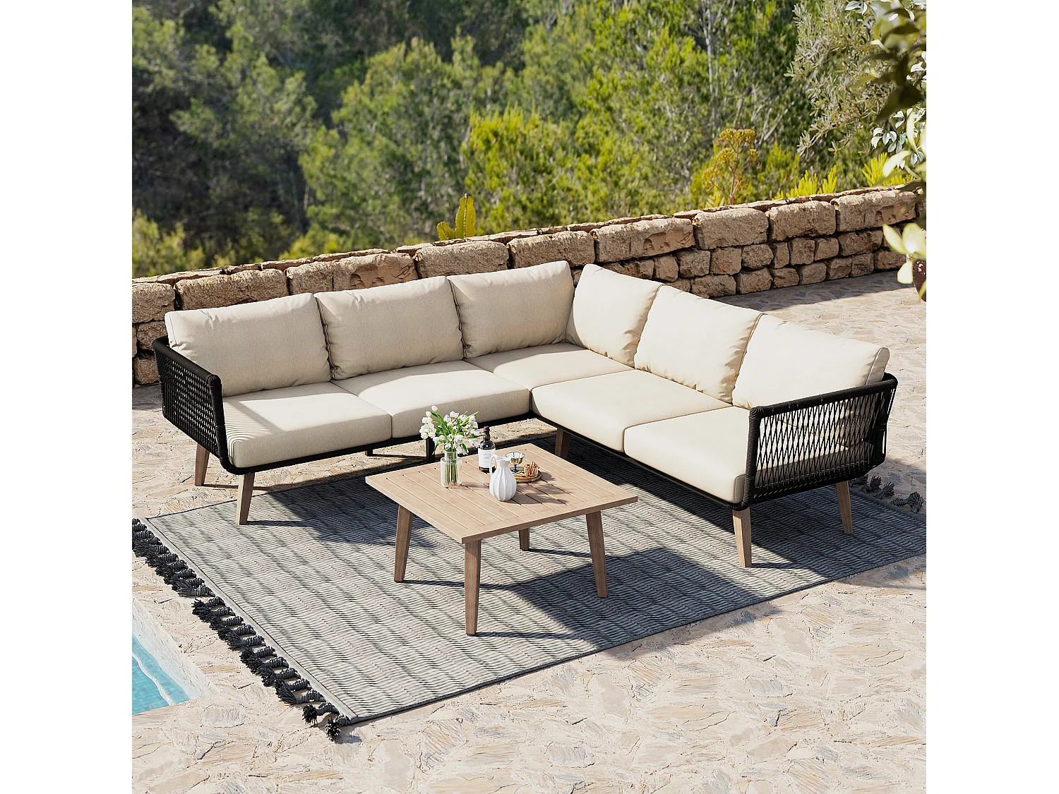 Gartenmöbelset, Sofa + Couchtisch, Tischplatte in Holzoptik, geflochtene Seilverzierung, beige + schwarz