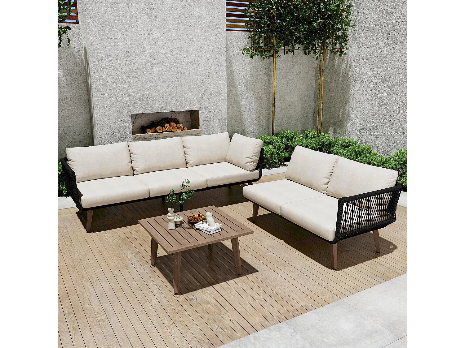 Gartenmöbelset, Sofa + Couchtisch, Tischplatte in Holzoptik, geflochtene Seilverzierung, beige + schwarz