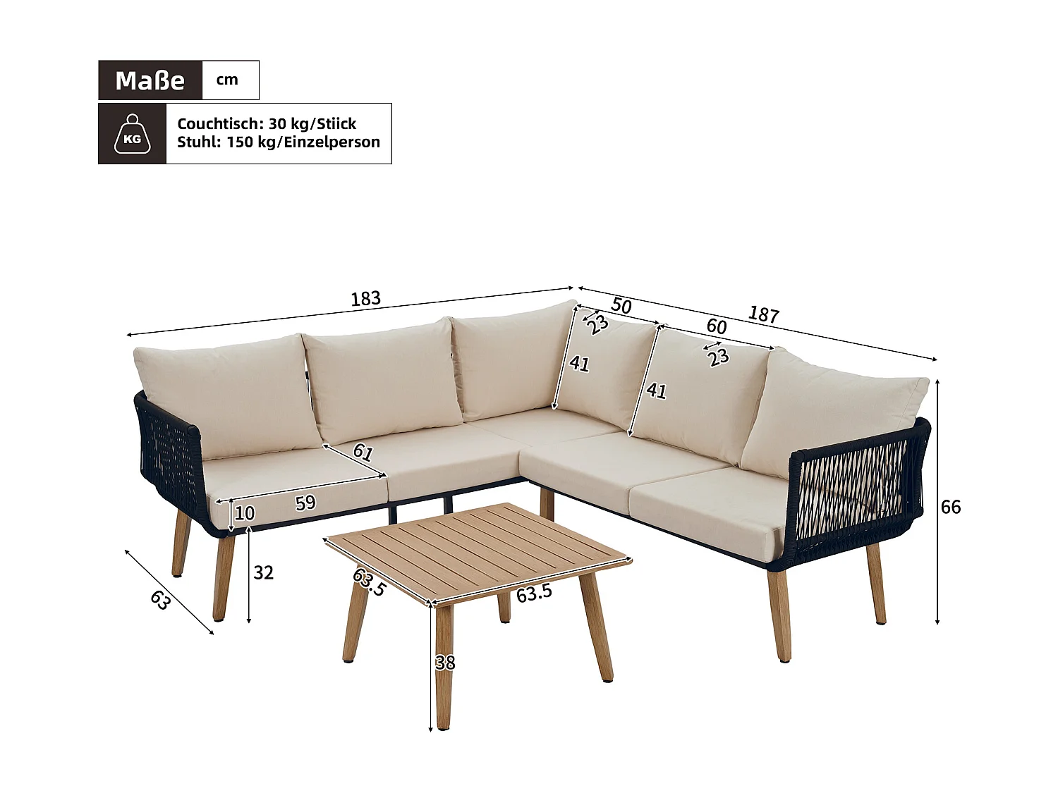Gartenmöbelset, Sofa + Couchtisch, Tischplatte in Holzoptik, geflochtene Seilverzierung, beige + schwarz