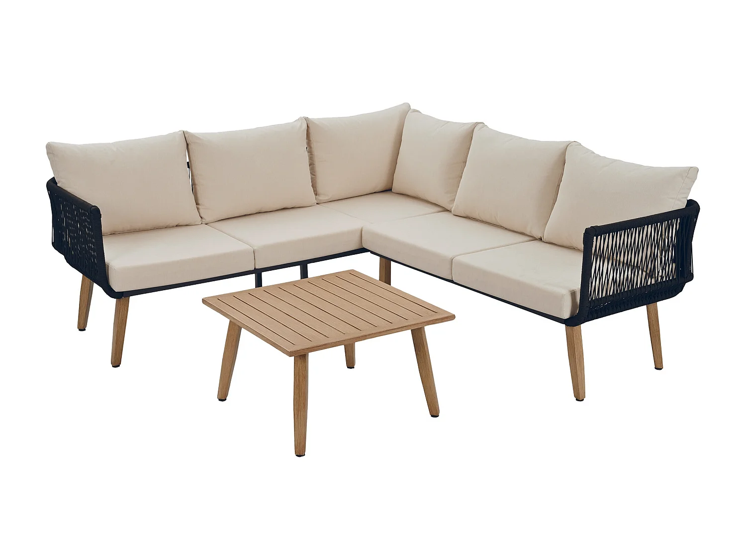 Gartenmöbelset, Sofa + Couchtisch, Tischplatte in Holzoptik, geflochtene Seilverzierung, beige + schwarz