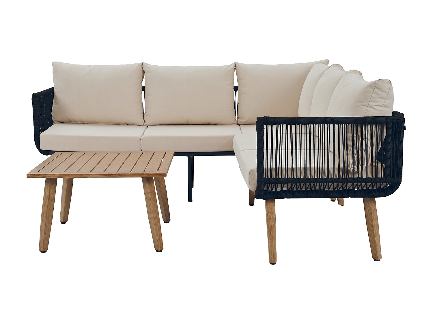 Gartenmöbelset, Sofa + Couchtisch, Tischplatte in Holzoptik, geflochtene Seilverzierung, beige + schwarz