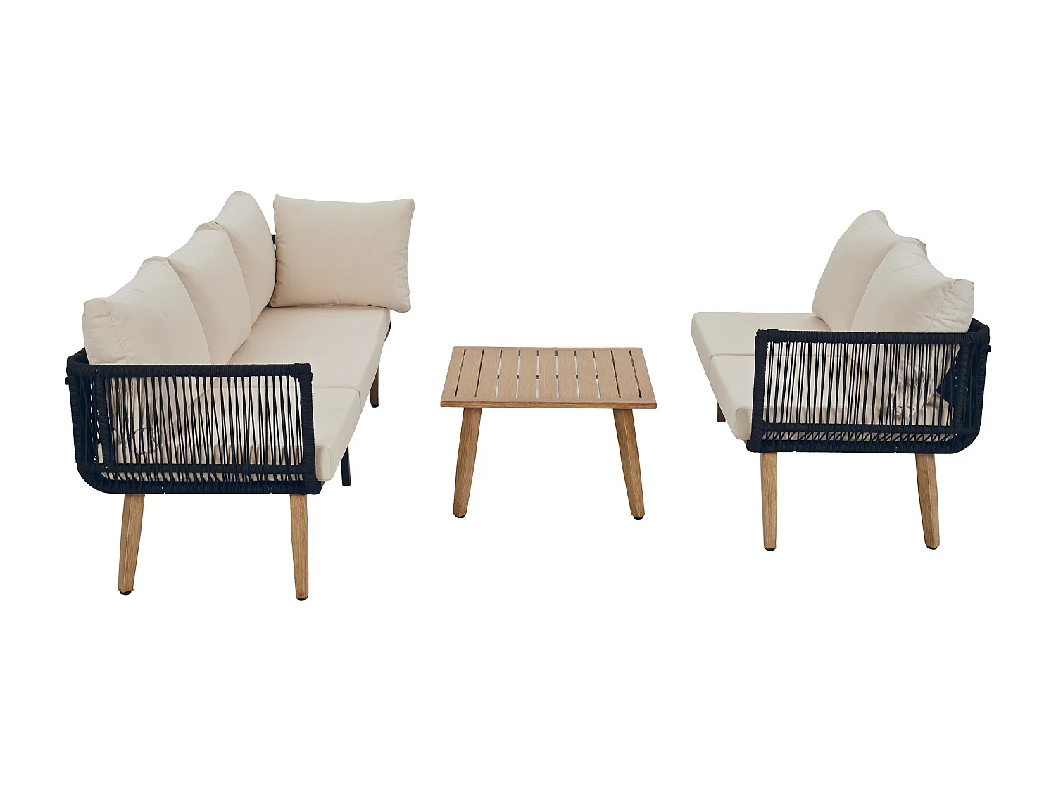 Gartenmöbelset, Sofa + Couchtisch, Tischplatte in Holzoptik, geflochtene Seilverzierung, beige + schwarz