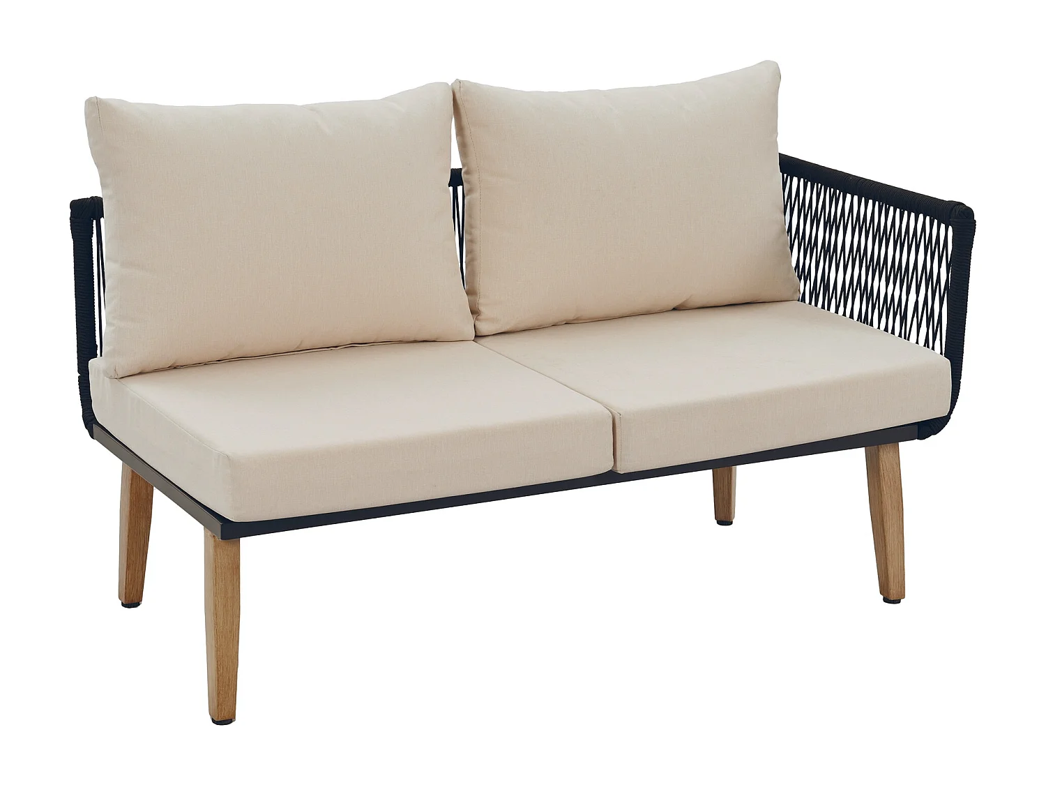 Gartenmöbelset, Sofa + Couchtisch, Tischplatte in Holzoptik, geflochtene Seilverzierung, beige + schwarz