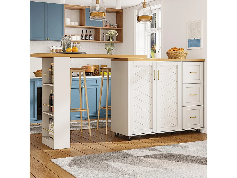 Chariot de bar extensible avec 2 portes et 3 tiroirs, roulant, comptoir extérieur en bois, blanc