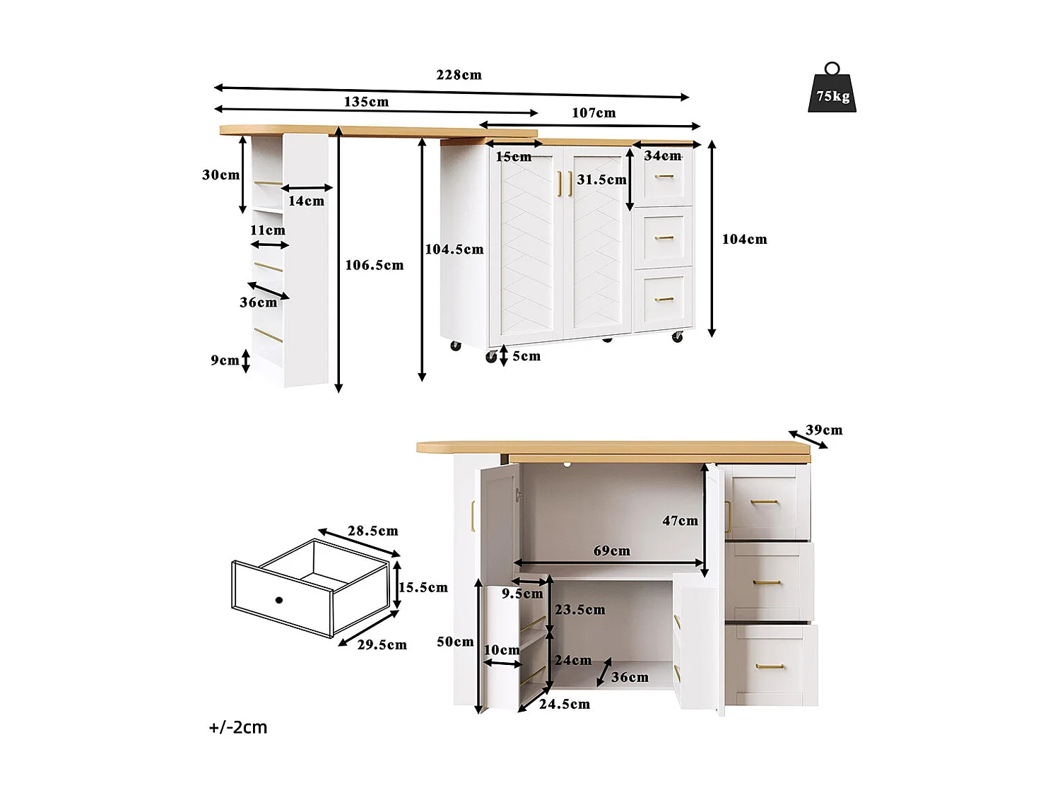 Chariot de bar extensible avec 2 portes et 3 tiroirs, roulant, comptoir extérieur en bois, blanc