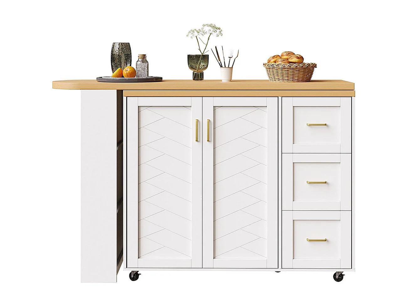 Chariot de bar extensible avec 2 portes et 3 tiroirs, roulant, comptoir extérieur en bois, blanc