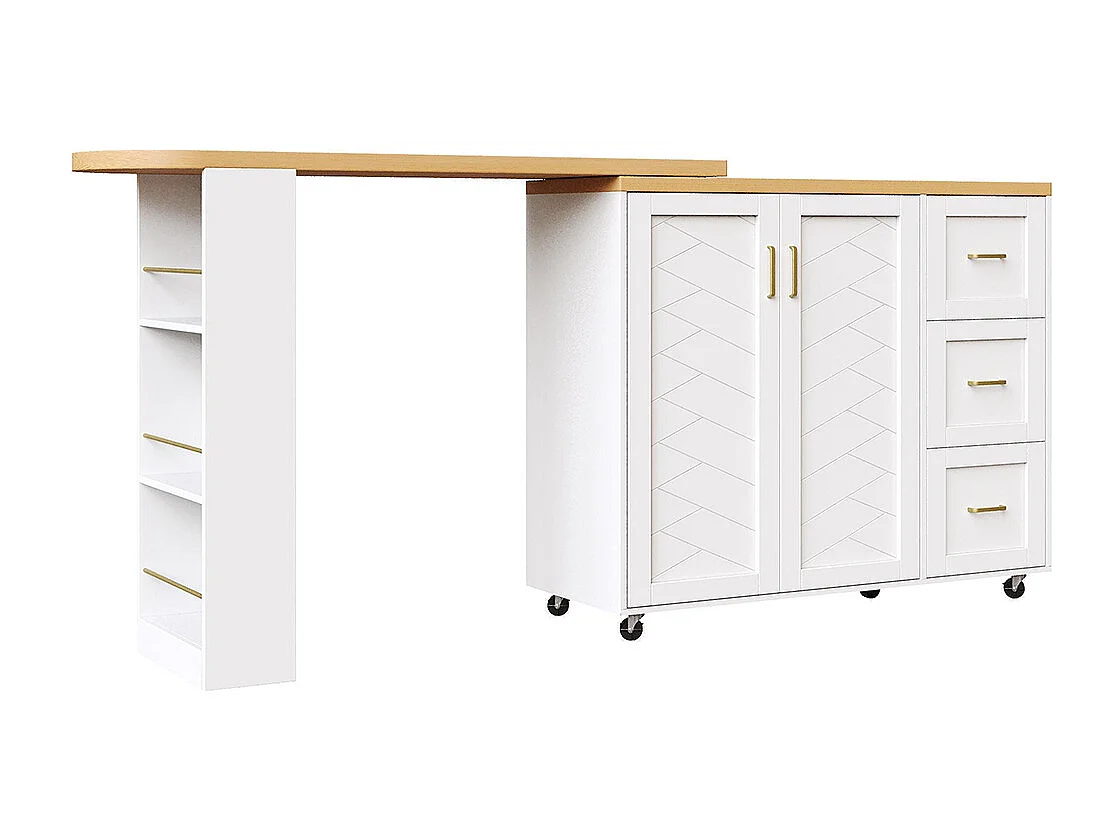 Chariot de bar extensible avec 2 portes et 3 tiroirs, roulant, comptoir extérieur en bois, blanc