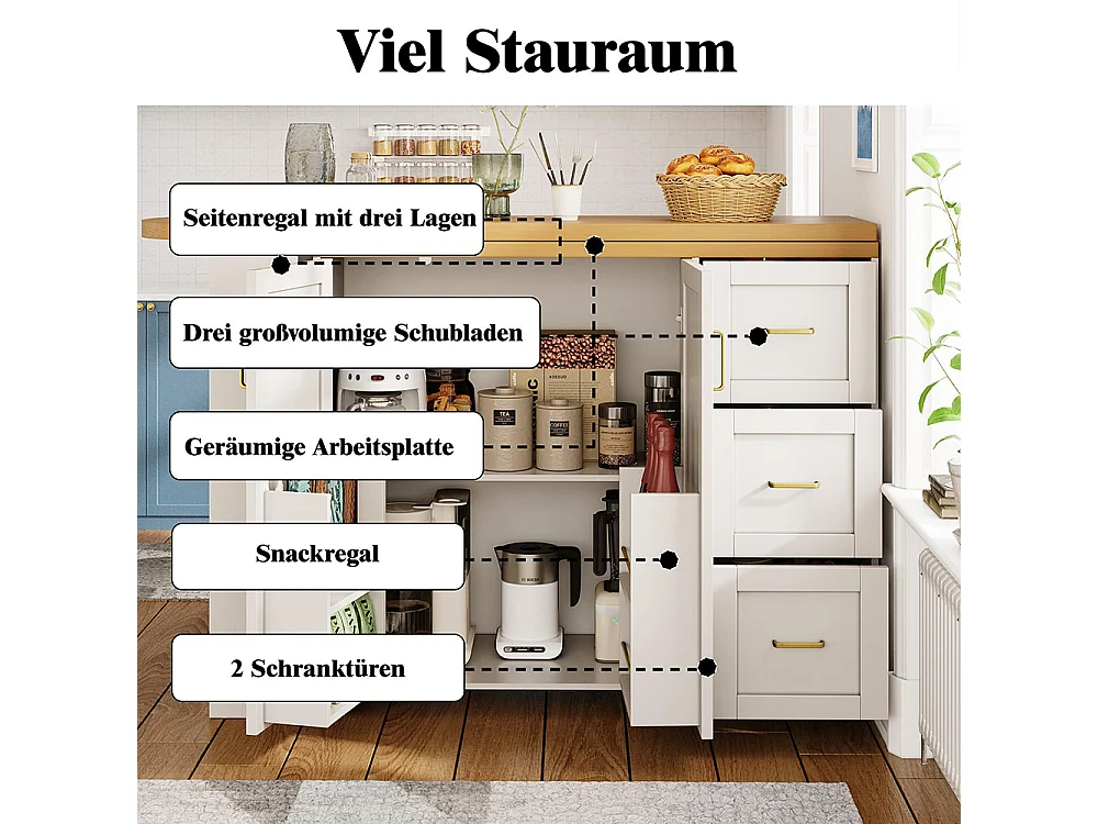 Chariot de bar extensible avec 2 portes et 3 tiroirs, roulant, comptoir extérieur en bois, blanc