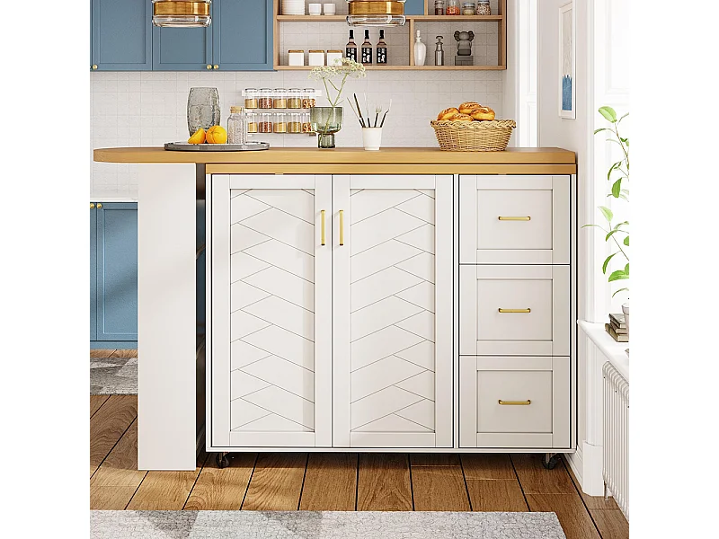 Chariot de bar extensible avec 2 portes et 3 tiroirs, roulant, comptoir extérieur en bois, blanc