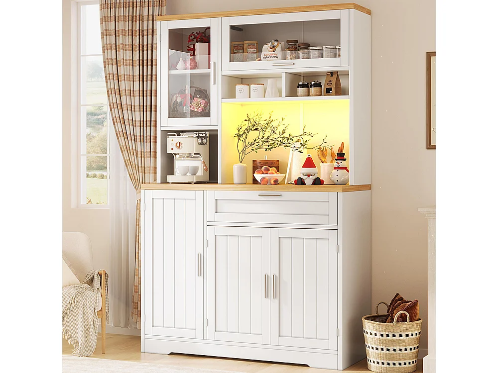 Küchenschrank, Oberschrank/Vitrine mit LED-Beleuchtung, 104x40x180 cm, weiß