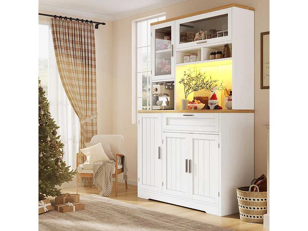 Küchenschrank, Oberschrank/Vitrine mit LED-Beleuchtung, 104x40x180 cm, weiß