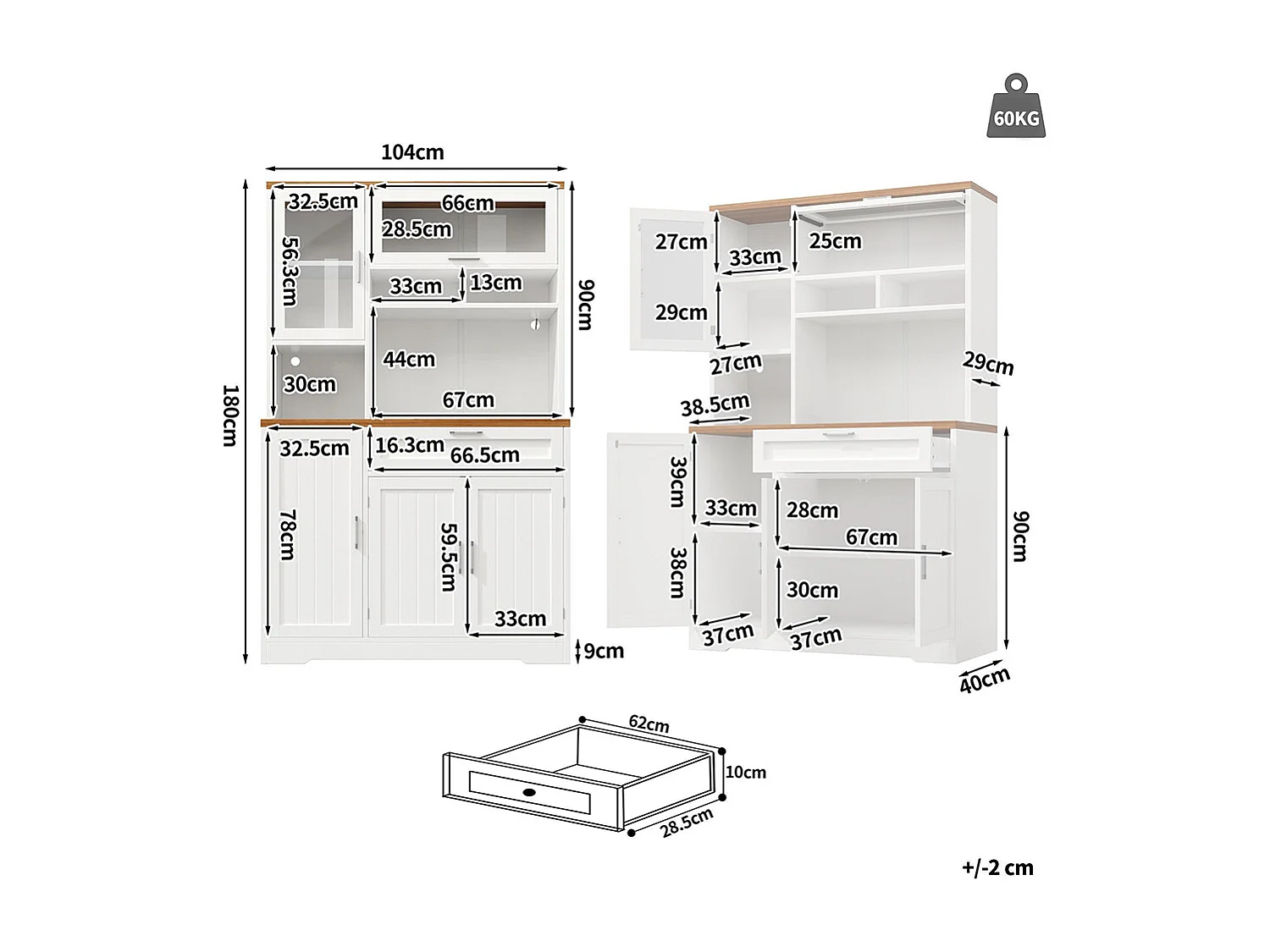 Küchenschrank, Oberschrank/Vitrine mit LED-Beleuchtung, 104x40x180 cm, weiß