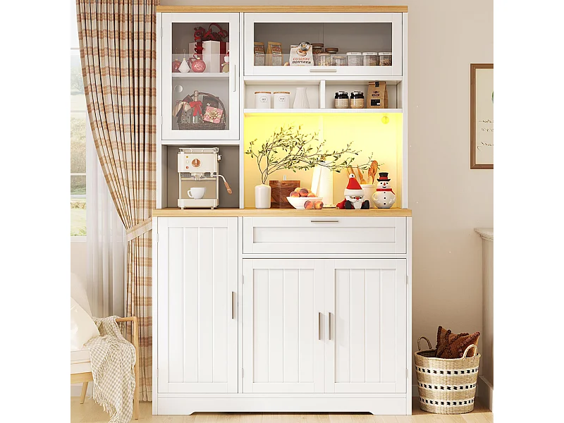 Küchenschrank, Oberschrank/Vitrine mit LED-Beleuchtung, 104x40x180 cm, weiß