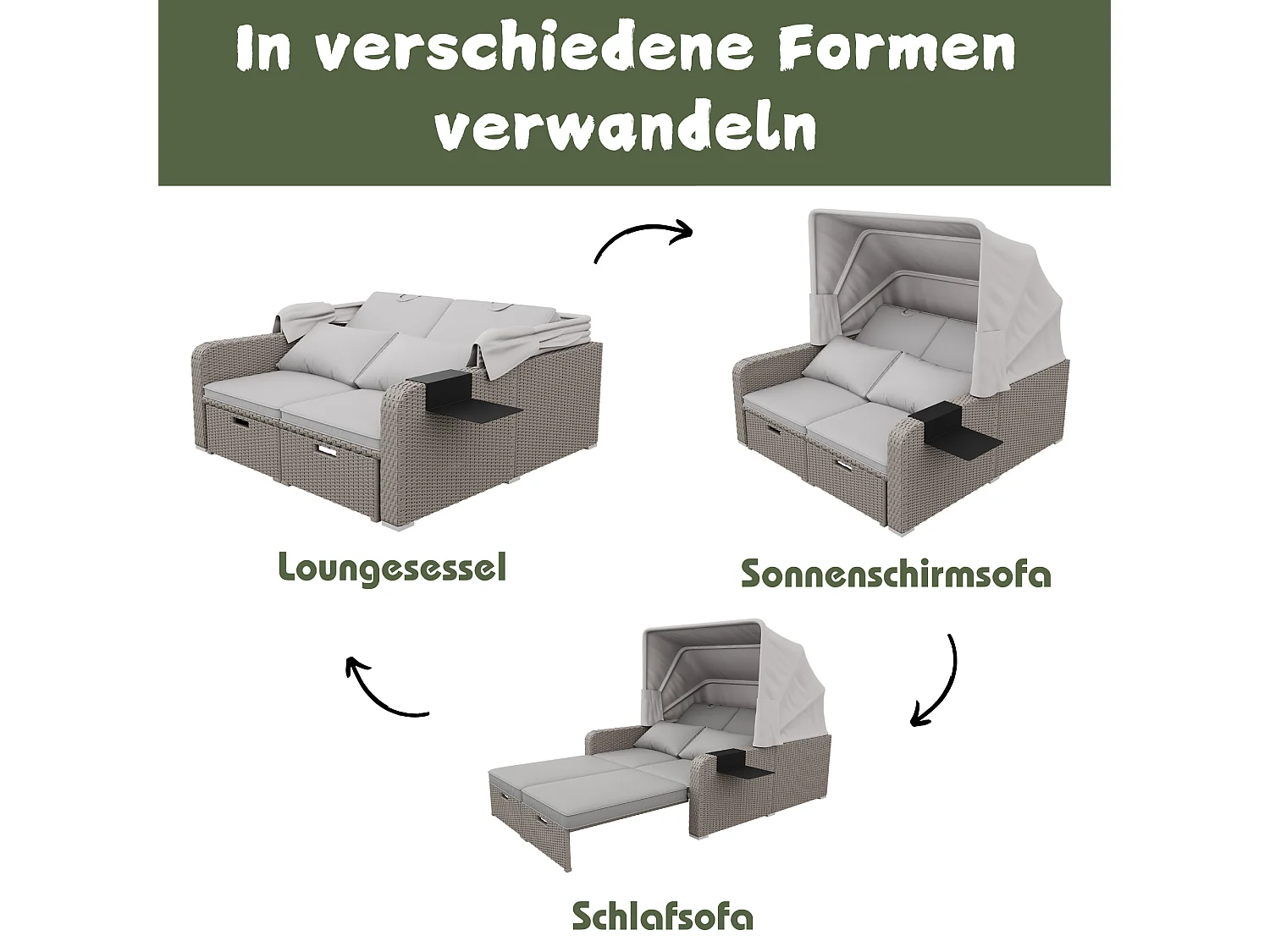 Salon de jardin, capacité pour 2 personnes, auvent amovible, rotin et mousse en polyéthylène, couleur kaki