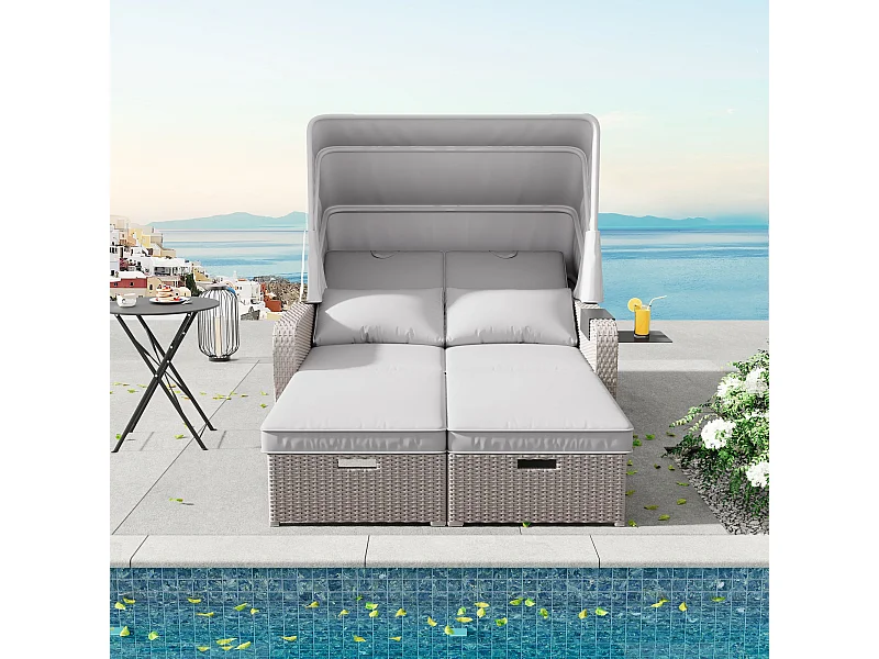 Salon de jardin, capacité pour 2 personnes, auvent amovible, rotin et mousse en polyéthylène, couleur kaki