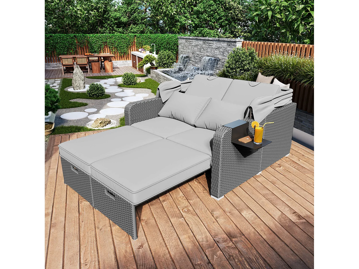 Salon de jardin, capacité pour 2 personnes, auvent amovible, rotin et mousse en polyéthylène, gris