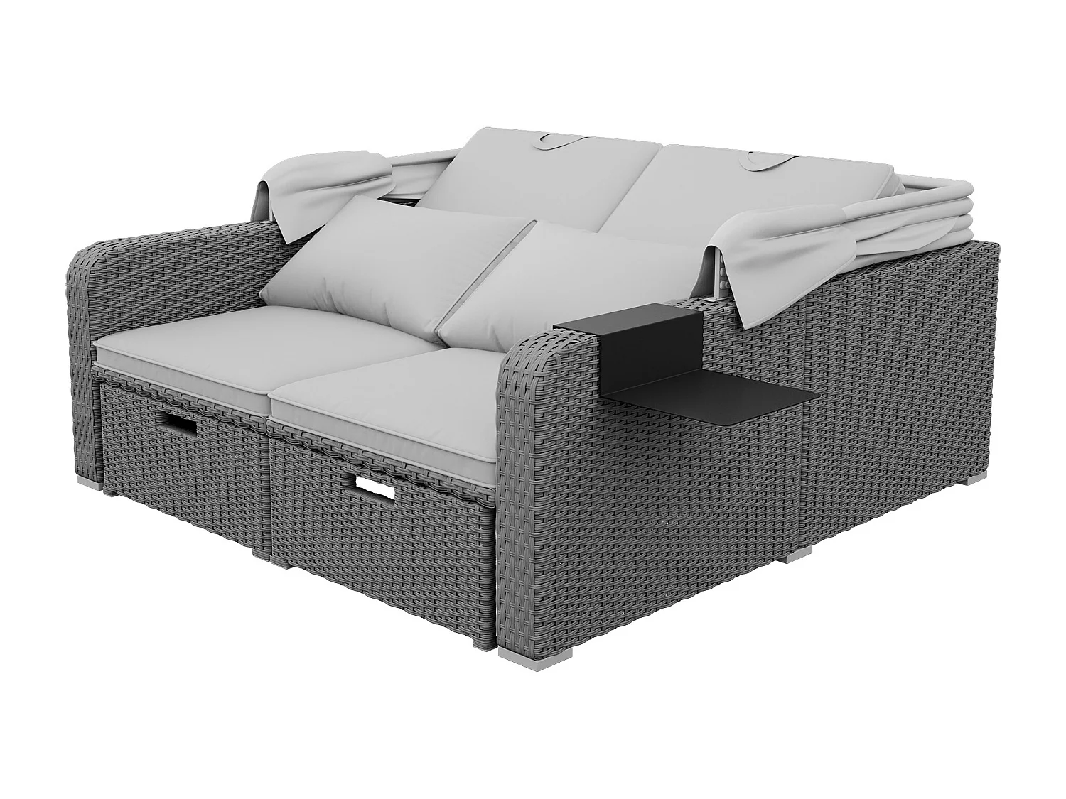 Salon de jardin, capacité pour 2 personnes, auvent amovible, rotin et mousse en polyéthylène, gris