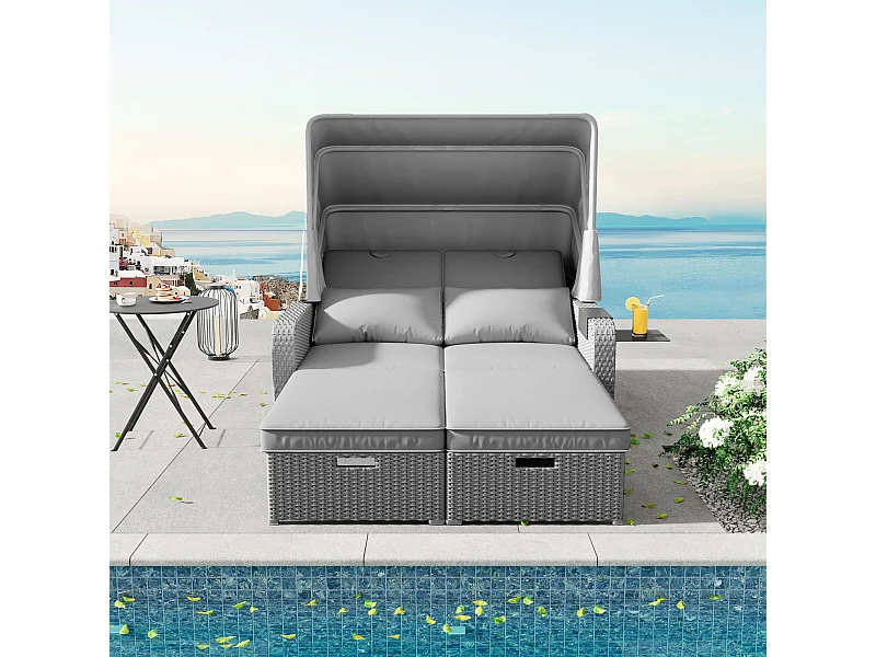 Salon de jardin, capacité pour 2 personnes, auvent amovible, rotin et mousse en polyéthylène, gris