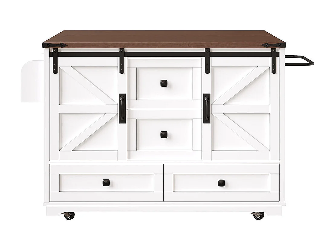 Carro de cocina con mesa plegable; isla de cocina móvil, barra; con tres cajones y dos puertas de armario, blanco