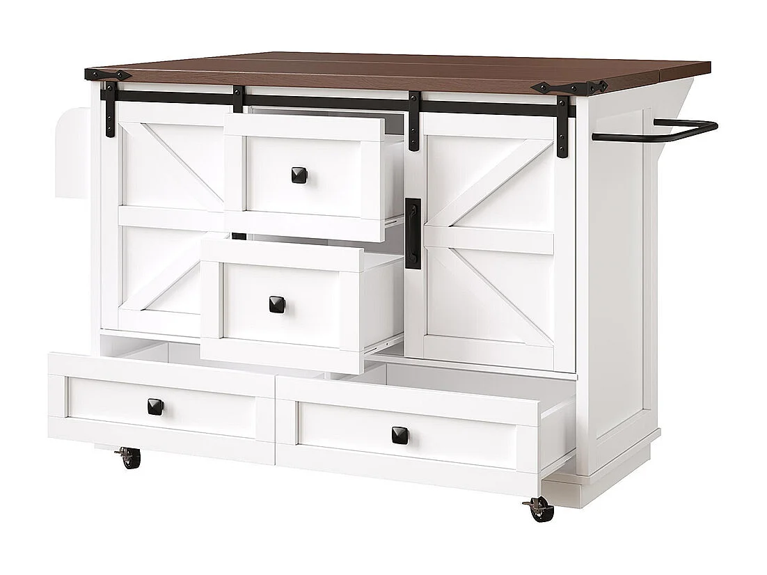 Carro de cocina con mesa plegable; isla de cocina móvil, barra; con tres cajones y dos puertas de armario, blanco