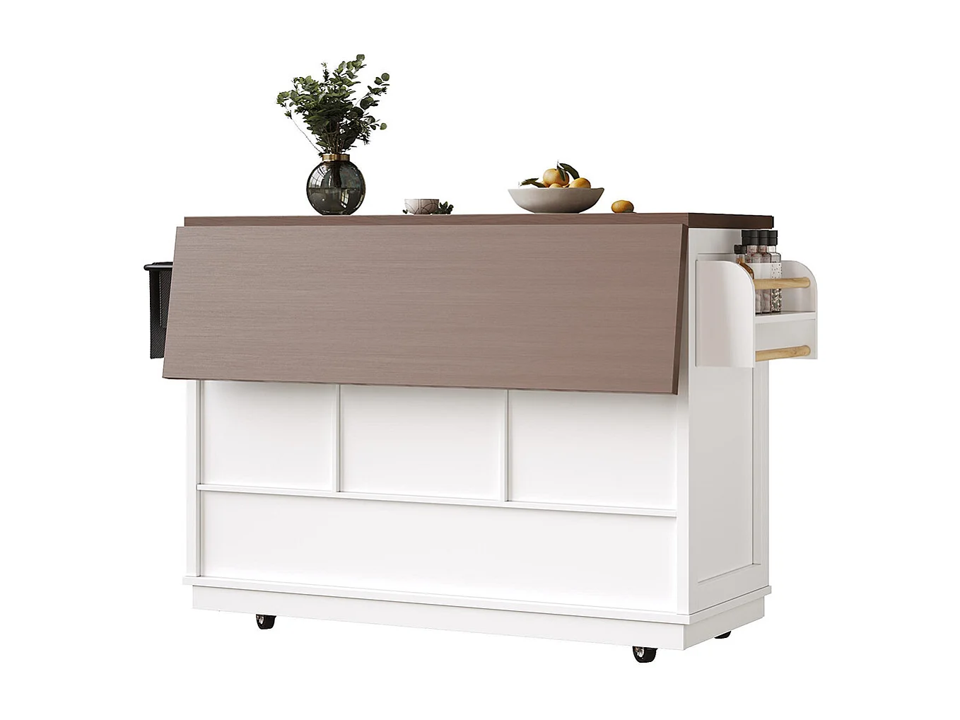 Carro de cocina con mesa plegable; isla de cocina móvil, barra; con tres cajones y dos puertas de armario, blanco