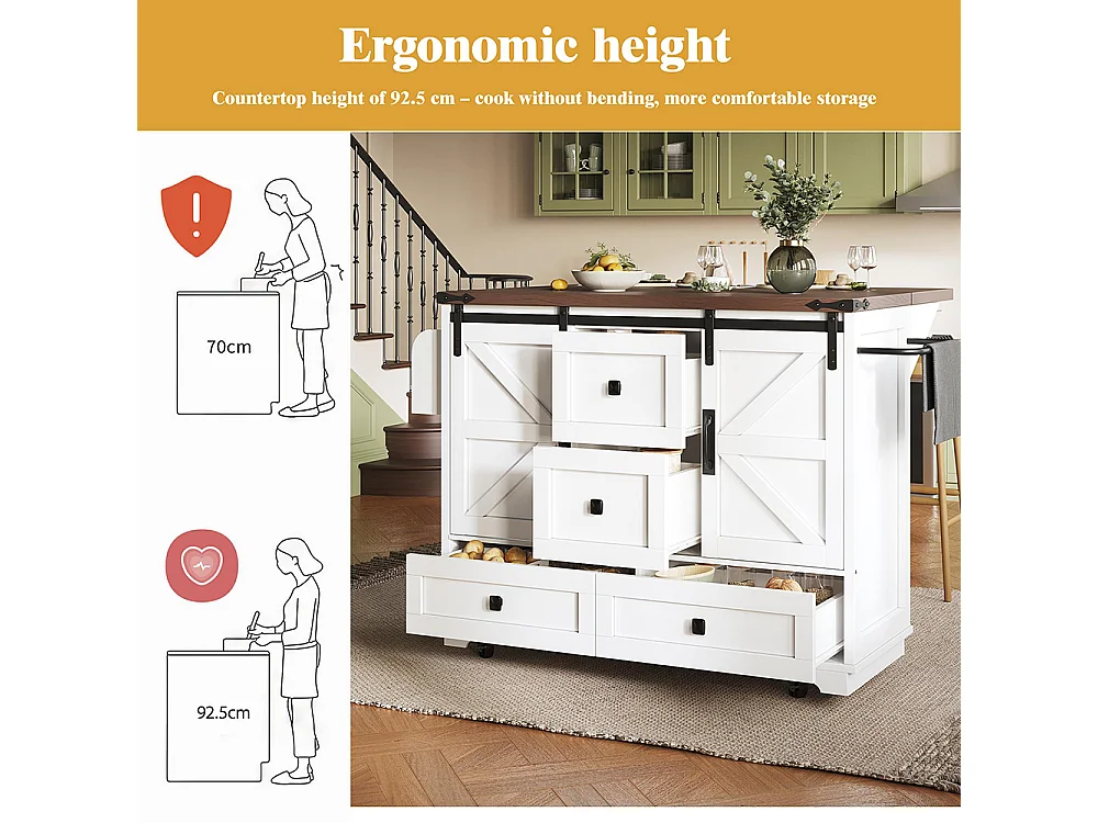 Carro de cocina con mesa plegable; isla de cocina móvil, barra; con tres cajones y dos puertas de armario, blanco