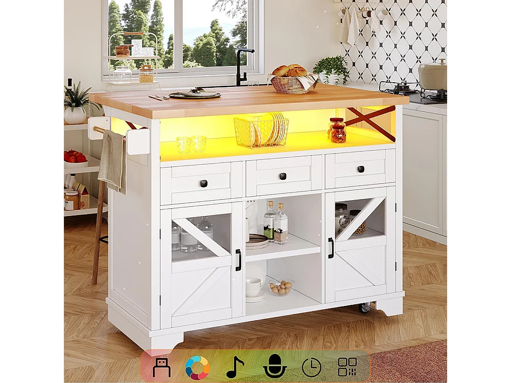Carro de cocina multifuncional con aplicación LED y mesa plegable, móvil con tres cajones y dos puertas de armario, blanco
