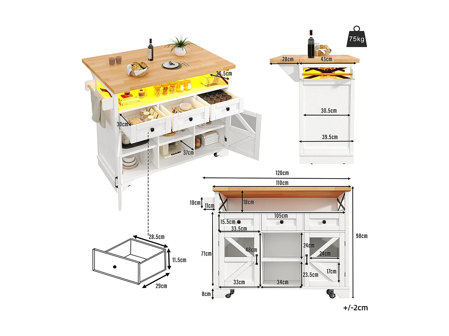 Carro de cocina multifuncional con aplicación LED y mesa plegable, móvil con tres cajones y dos puertas de armario, blanco