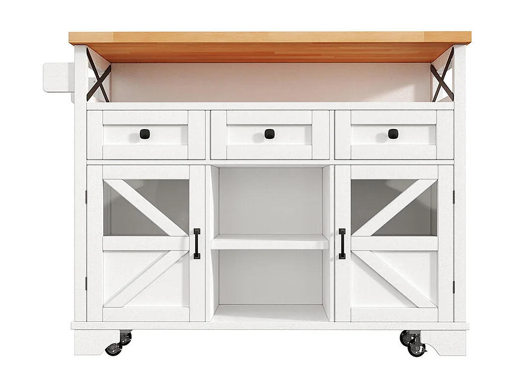 Carro de cocina multifuncional con aplicación LED y mesa plegable, móvil con tres cajones y dos puertas de armario, blanco