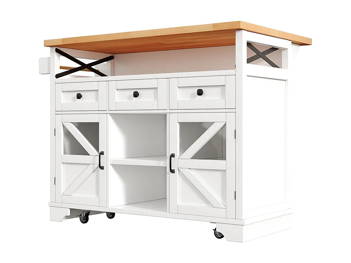 Carro de cocina multifuncional con aplicación LED y mesa plegable, móvil con tres cajones y dos puertas de armario, blanco