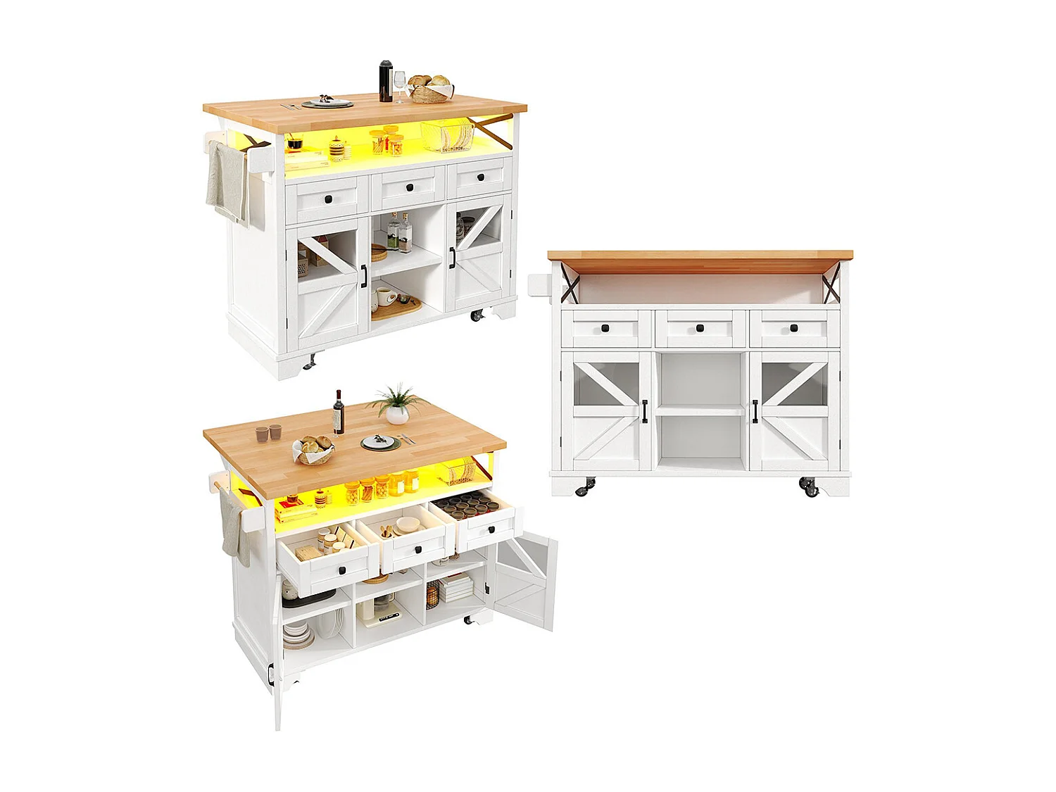 Carro de cocina multifuncional con aplicación LED y mesa plegable, móvil con tres cajones y dos puertas de armario, blanco