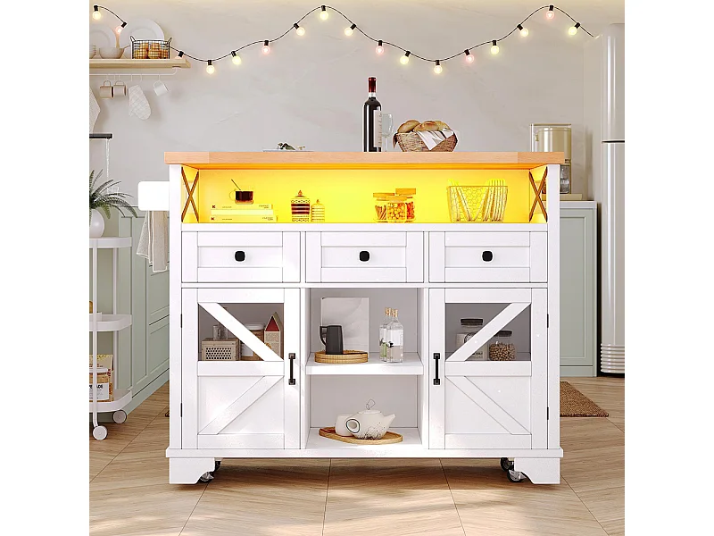 Carro de cocina multifuncional con aplicación LED y mesa plegable, móvil con tres cajones y dos puertas de armario, blanco