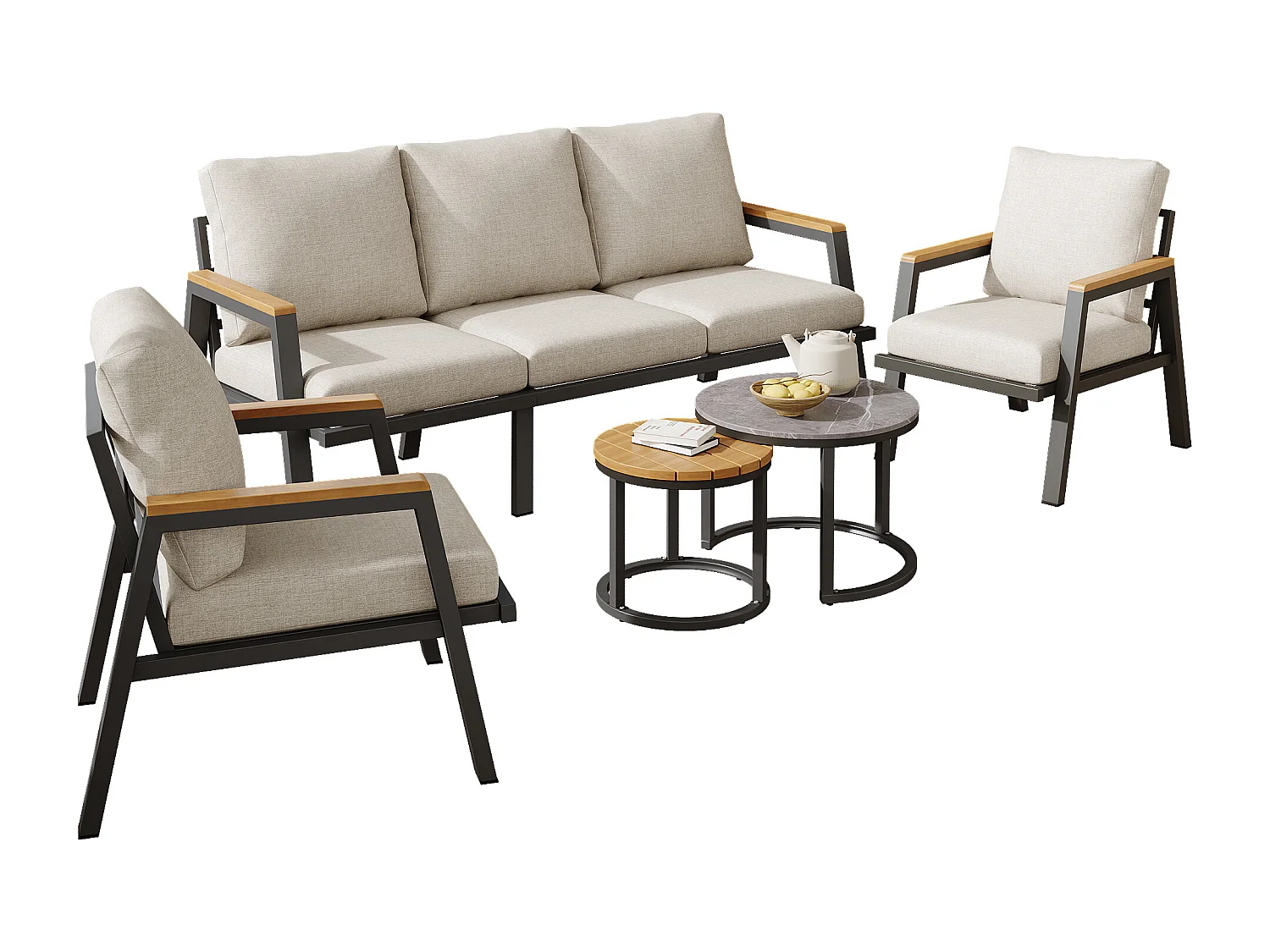Meubles de jardin avec coussins confortables, comprenant un canapé trois places, deux fauteuils et deux tables basses, gris