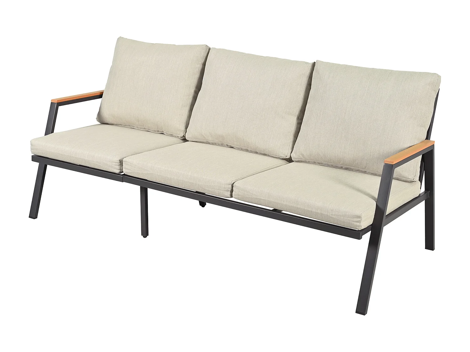 Meubles de jardin avec coussins confortables, comprenant un canapé trois places, deux fauteuils et deux tables basses, gris