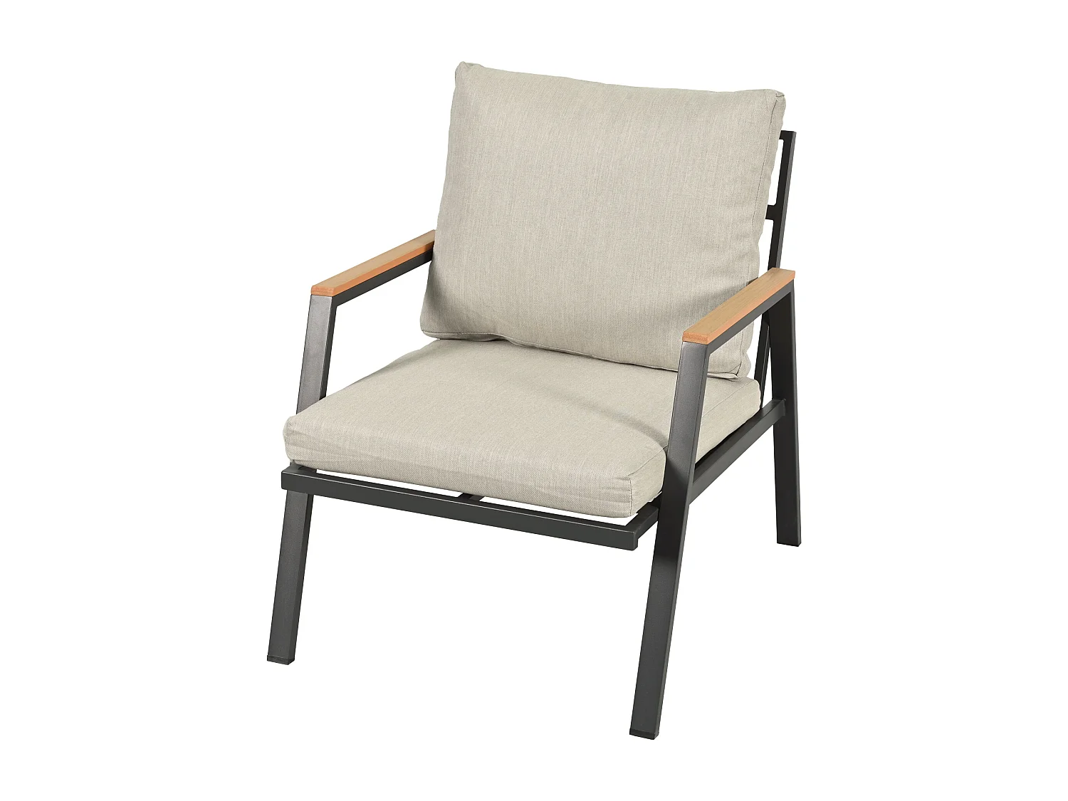 Meubles de jardin avec coussins confortables, comprenant un canapé trois places, deux fauteuils et deux tables basses, gris