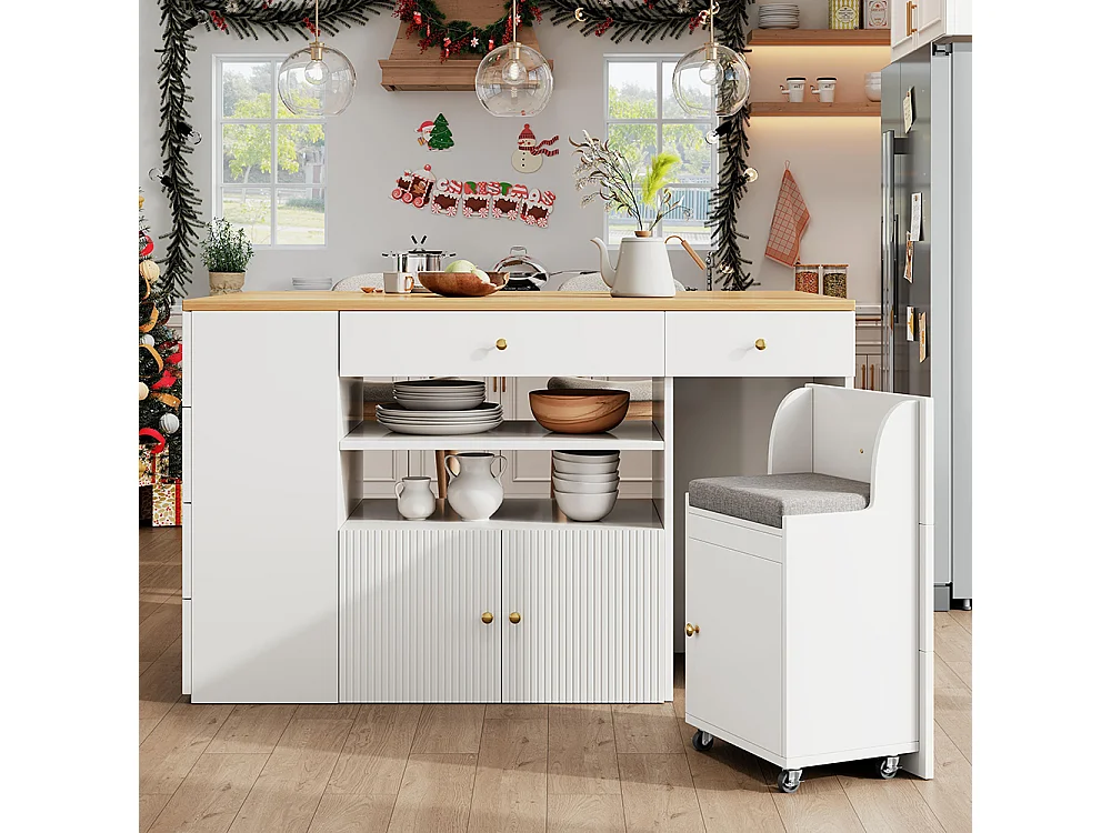 Ilot de cuisine, buffet avec tabourets de bar, avec 6 tiroirs et tabourets, largeur réglable 140*40(70)*89 cm, blanc