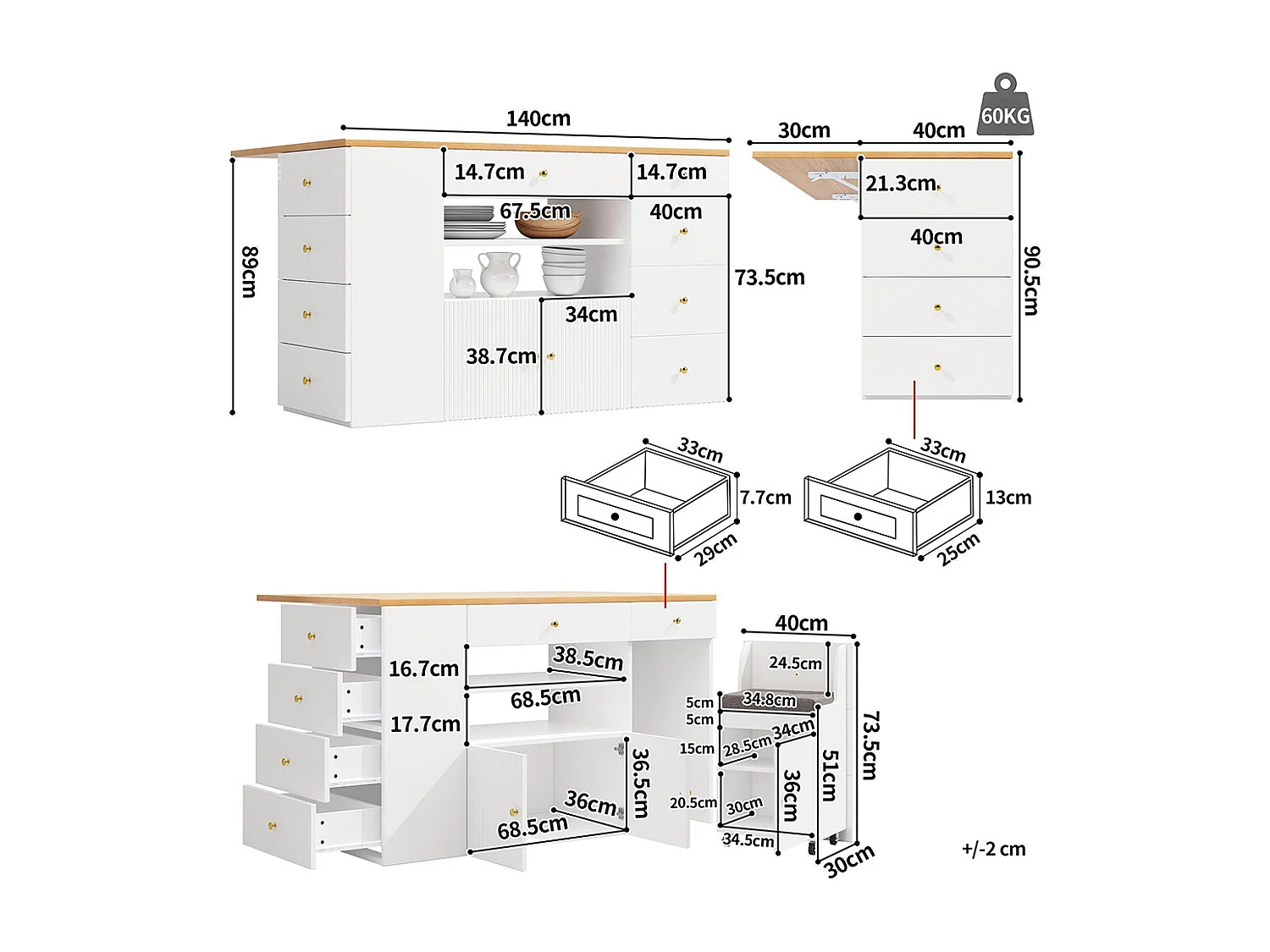 Ilot de cuisine, buffet avec tabourets de bar, avec 6 tiroirs et tabourets, largeur réglable 140*40(70)*89 cm, blanc
