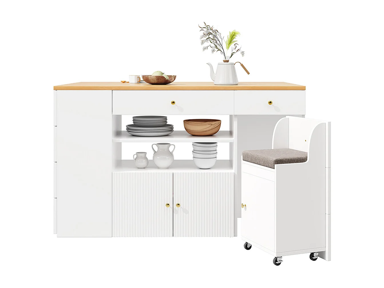 Ilot de cuisine, buffet avec tabourets de bar, avec 6 tiroirs et tabourets, largeur réglable 140*40(70)*89 cm, blanc