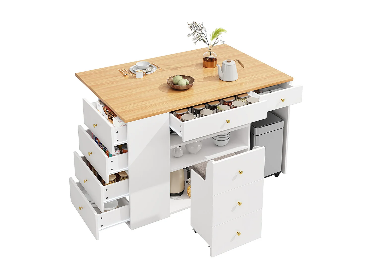 Ilot de cuisine, buffet avec tabourets de bar, avec 6 tiroirs et tabourets, largeur réglable 140*40(70)*89 cm, blanc