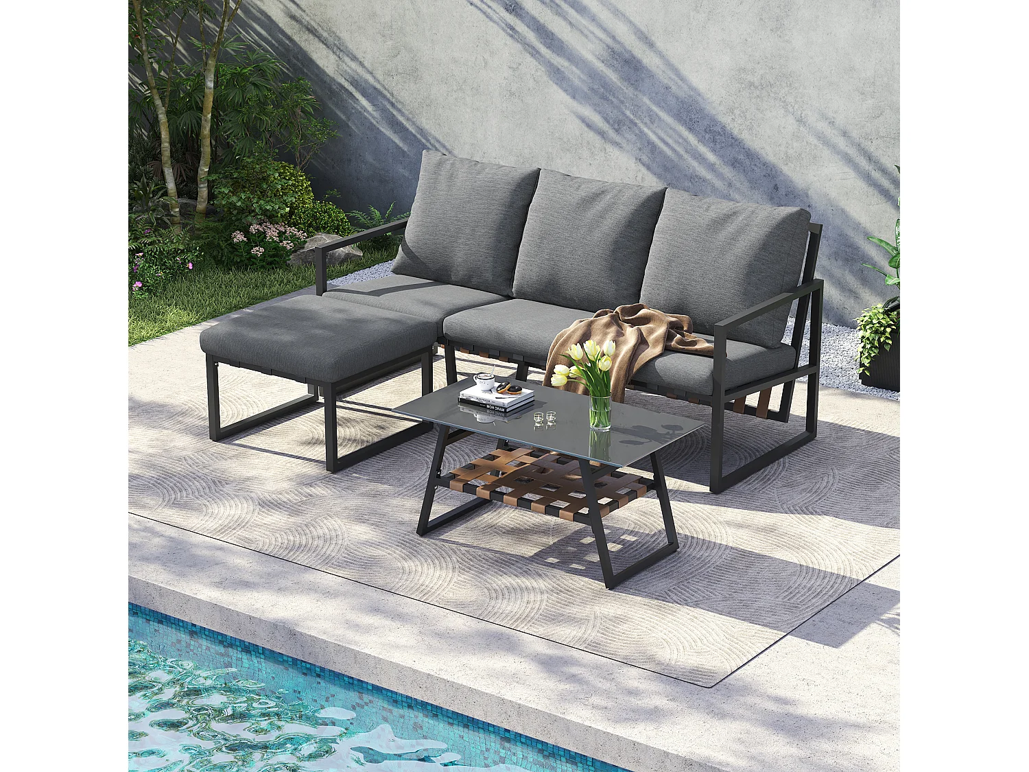 Set di mobili da giardino, divano + tavolino + pouf, tubo in acciaio zincato, piano del tavolo in vetro, grigio