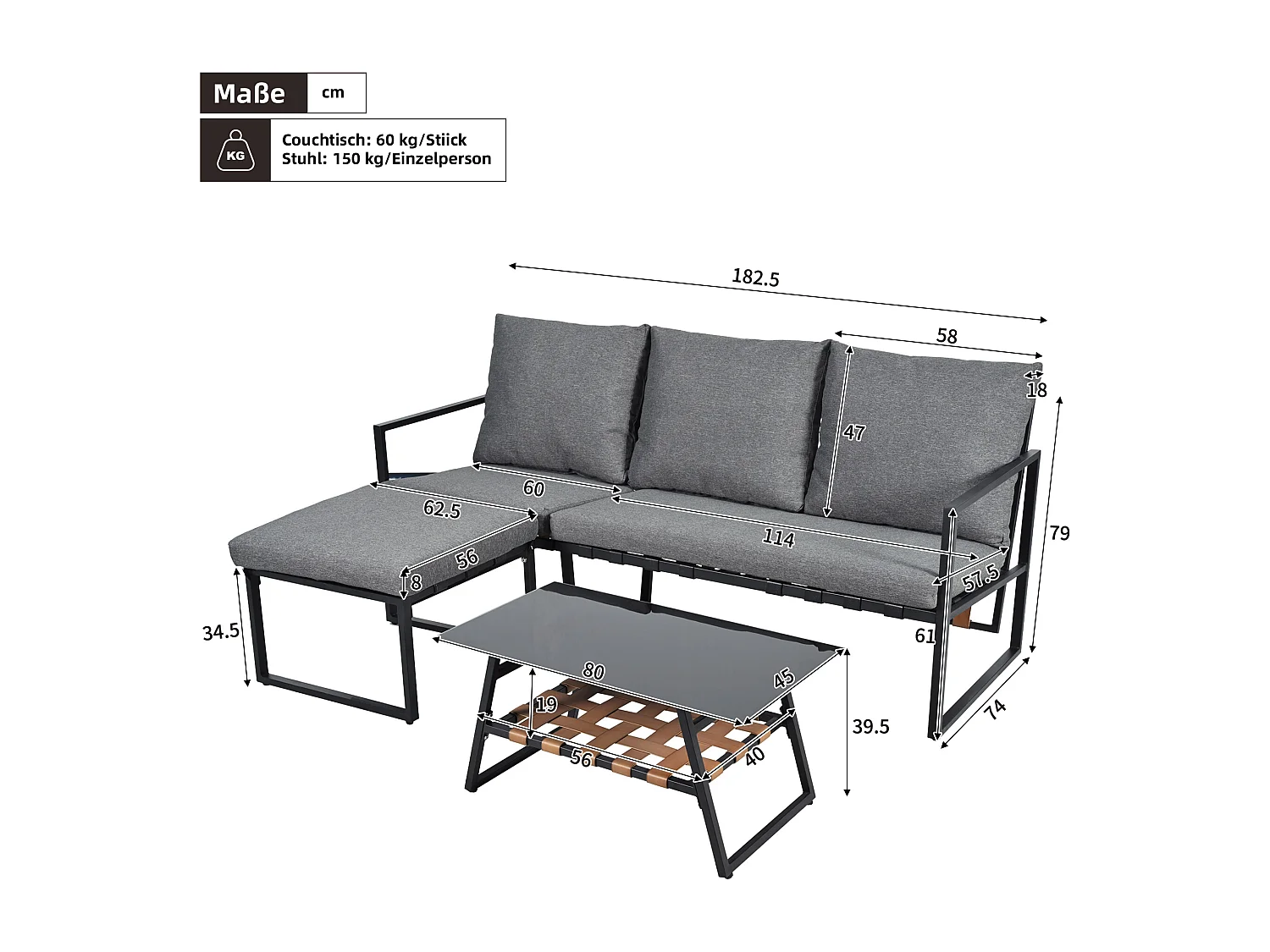 Set di mobili da giardino, divano + tavolino + pouf, tubo in acciaio zincato, piano del tavolo in vetro, grigio