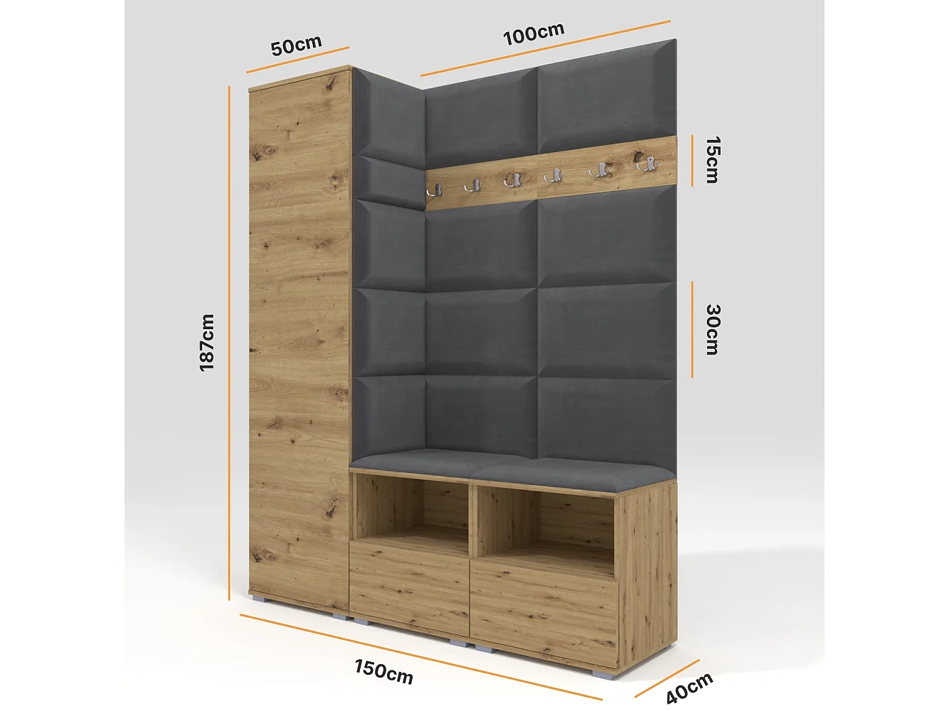Garderobe Nela II - 150 cm - Eiche Artisan - Trinity 15 - Dunkelgrau